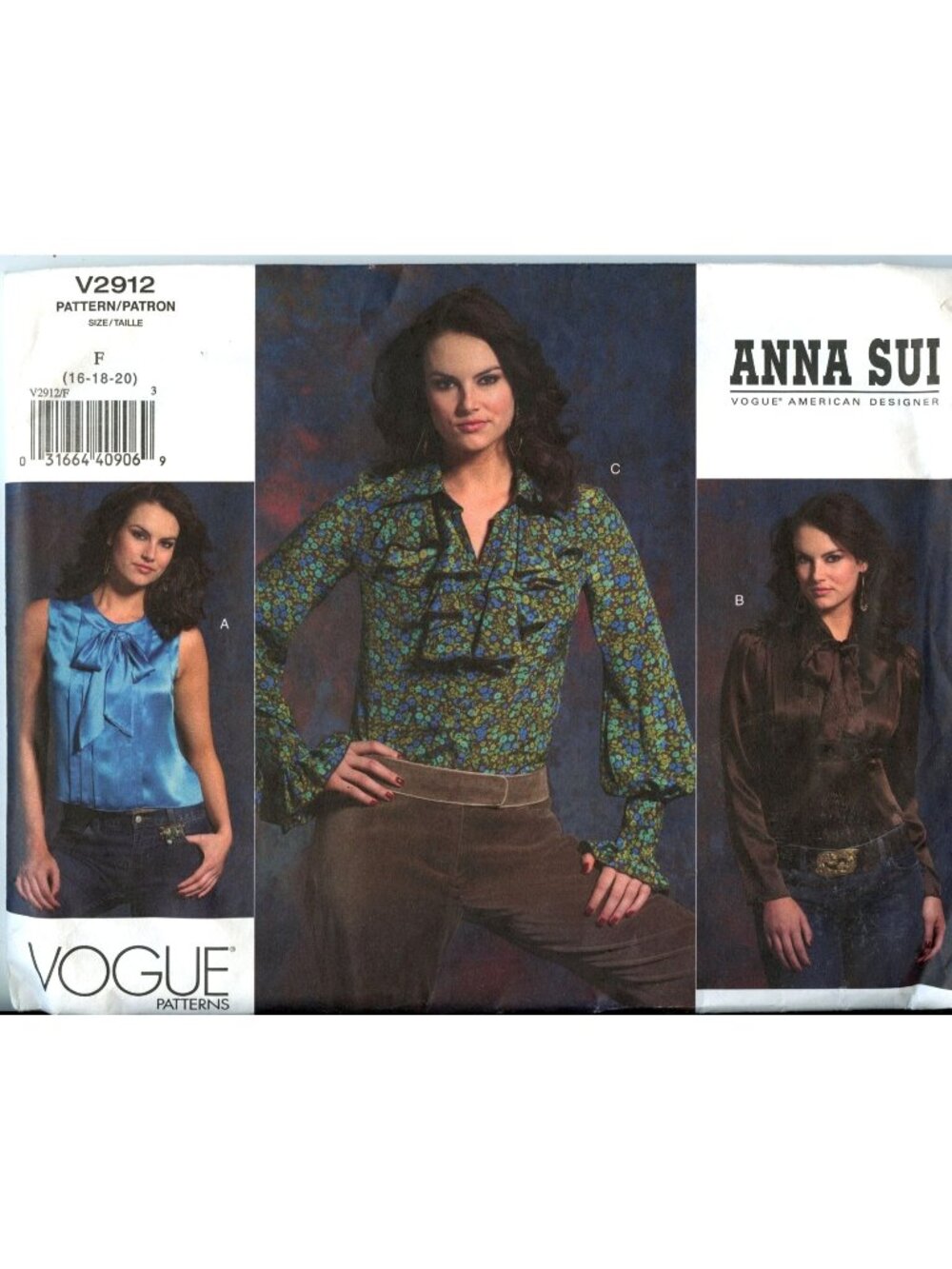 Anna Sui Vogue V2912 Sewing Pattern For Misses Blouse Size 16-20 Ruffled Or Bow